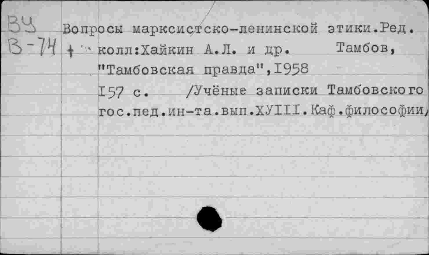 ﻿Вопросы марксистско-ленинской этики.Ред.
| ' *колл:Хайкин А.Л. и др. Тамбов,
’’Тамбовская правда”, 1958
157 с. /Учёные записки Тамбовского
гос .пед .ин-та .вып .ХУНТ. Каф.,философииу